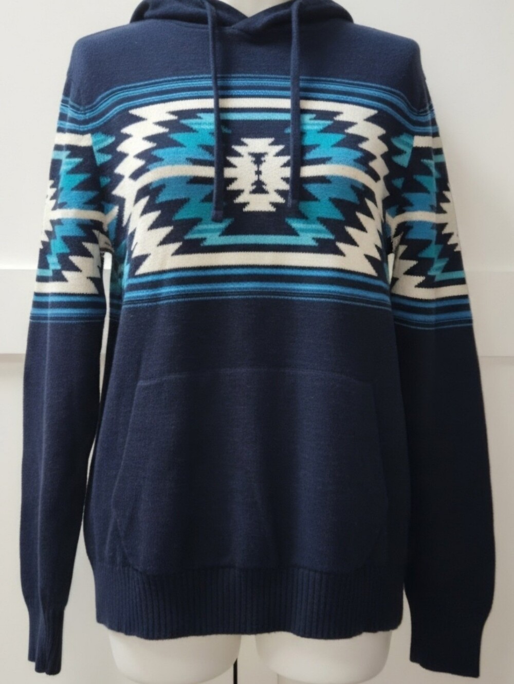 American Eagle Outfitters Navy Aztec Crewneck Hoodie with Teal & White Pattern